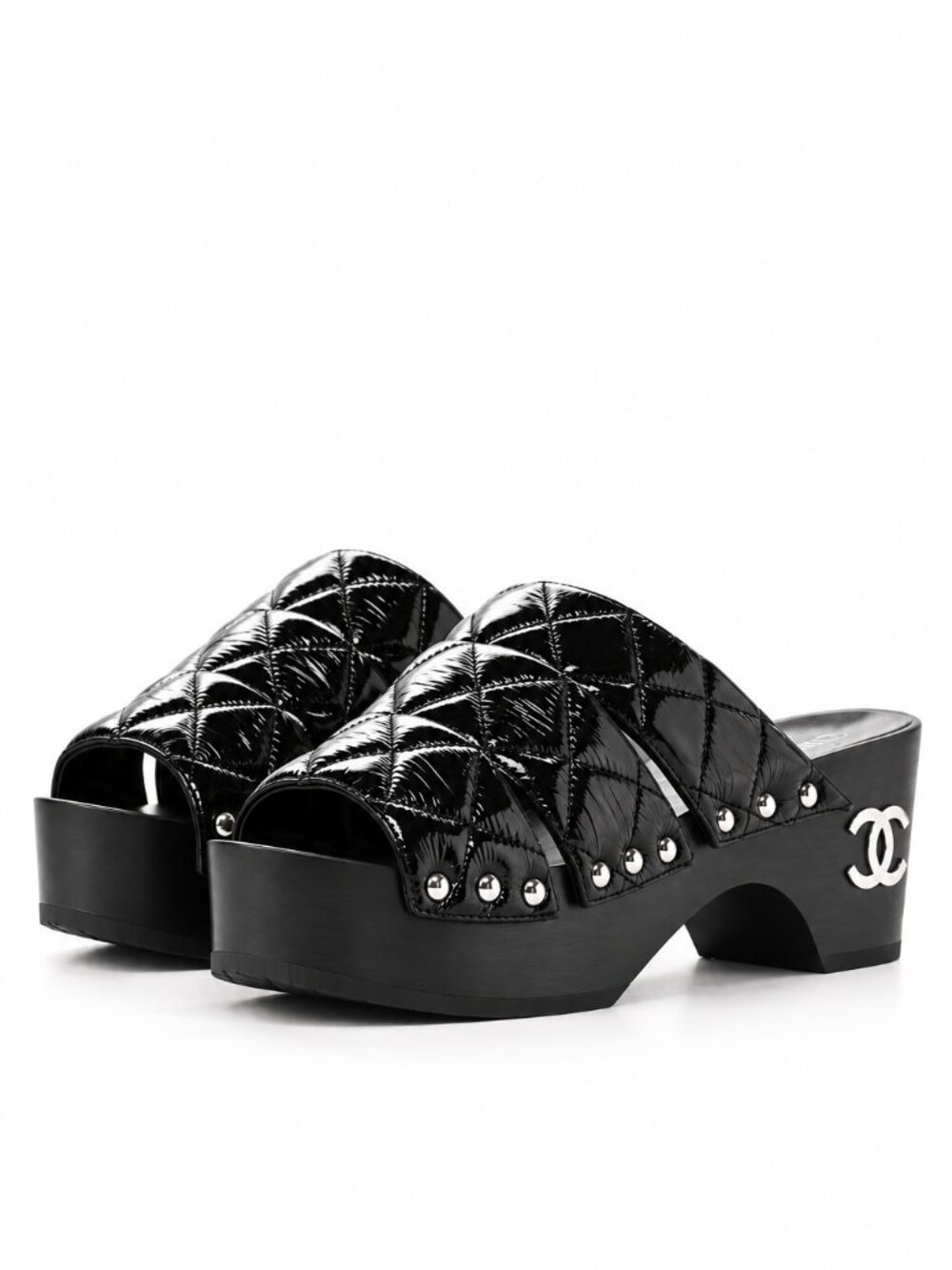 CHANEL Patent Lambskin Quilted CC Clogs 38 Black